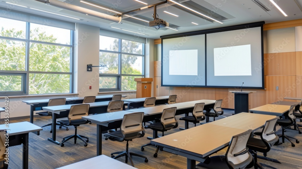 A large classroom with rows of desks and chairs set up for a lecture or presentation. A projector screen hangs at the front of the room. Sunlight streams through large windows. A large classroom with rows of desks and chairs set up for a lecture or presentation. A projector screen hangs at the front of the room. Sunlight streams through large windows.