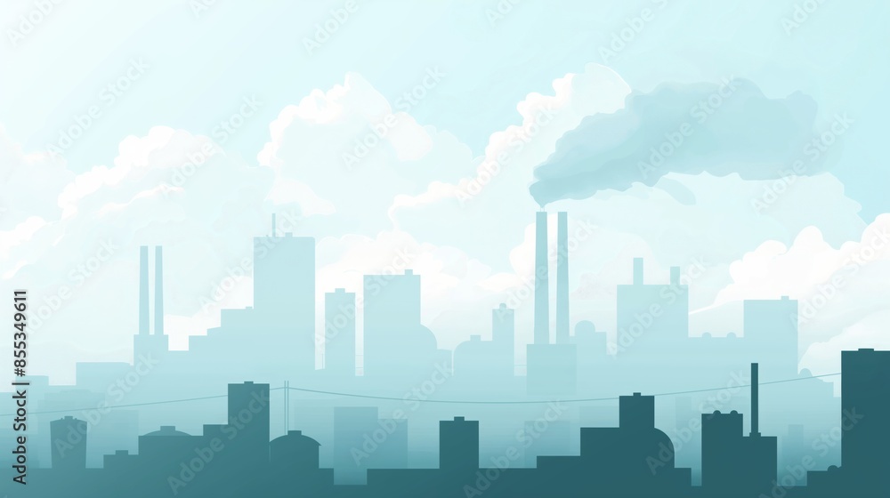 Fototapeta premium Flat illustration of air pollution, Silhouette of an industrial city skyline with smoke in the morning.