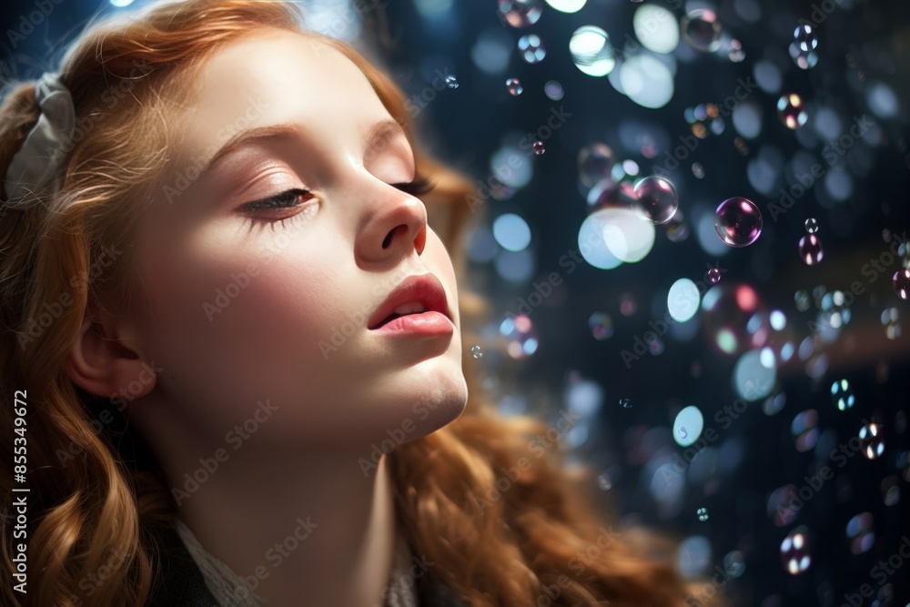 Enchanted Portrait of a Girl with Bubbles in the Background, Capturing a Dreamy and Youthful Mood. Enchanted Portrait of a Girl with Bubbles in the Background, Capturing a Dreamy and Youthful Mood.