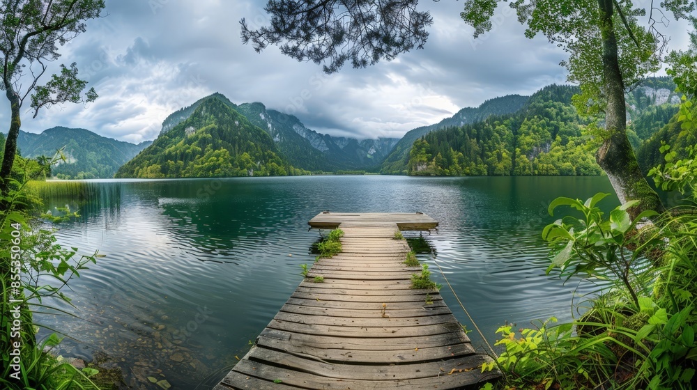 Serene Lake View with Wooden Pier Serene Lake View with Wooden Pier