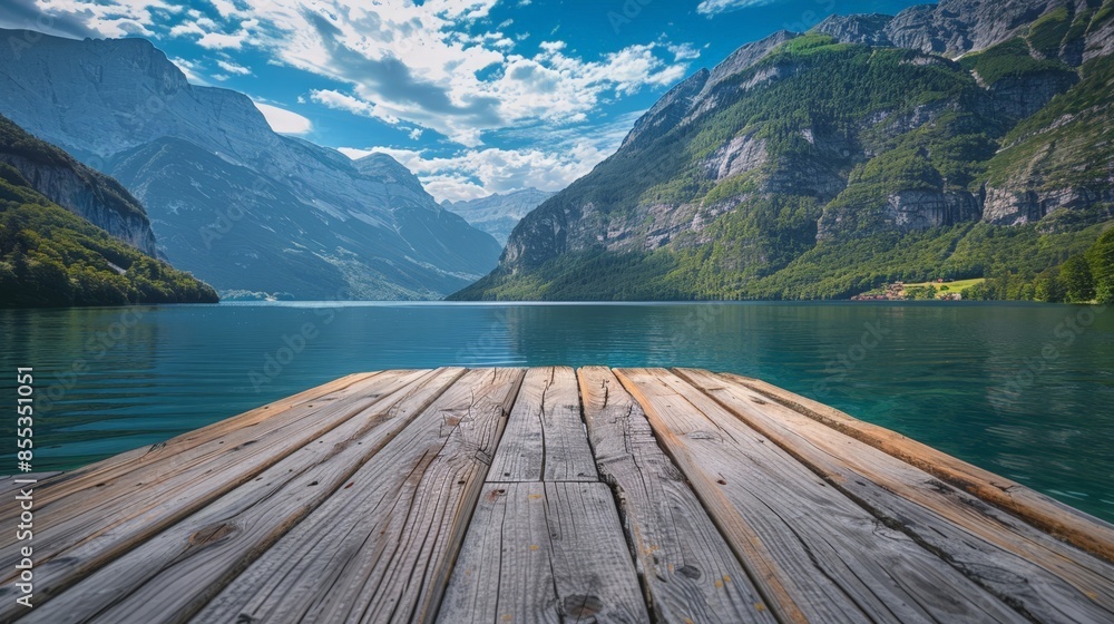 Obraz premium Scenic Lake View: Wooden Pier Amidst Snow-Capped Mountains