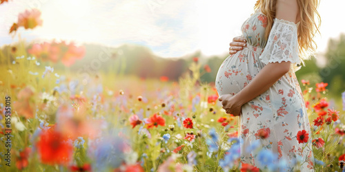 Fototapeta Naklejka Na Ścianę i Meble -  A pregnant woman in a floral dress standing in a sunlit meadow full of colorful wildflowers, embracing nature.