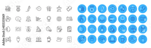 Santa sack, Smile chat and Upload file line icons pack. Latte coffee, Article, No alcohol web icon. Calendar, Delivery warning, Grill pictogram. Shopping bags, Horizontal chart, Checklist. Vector