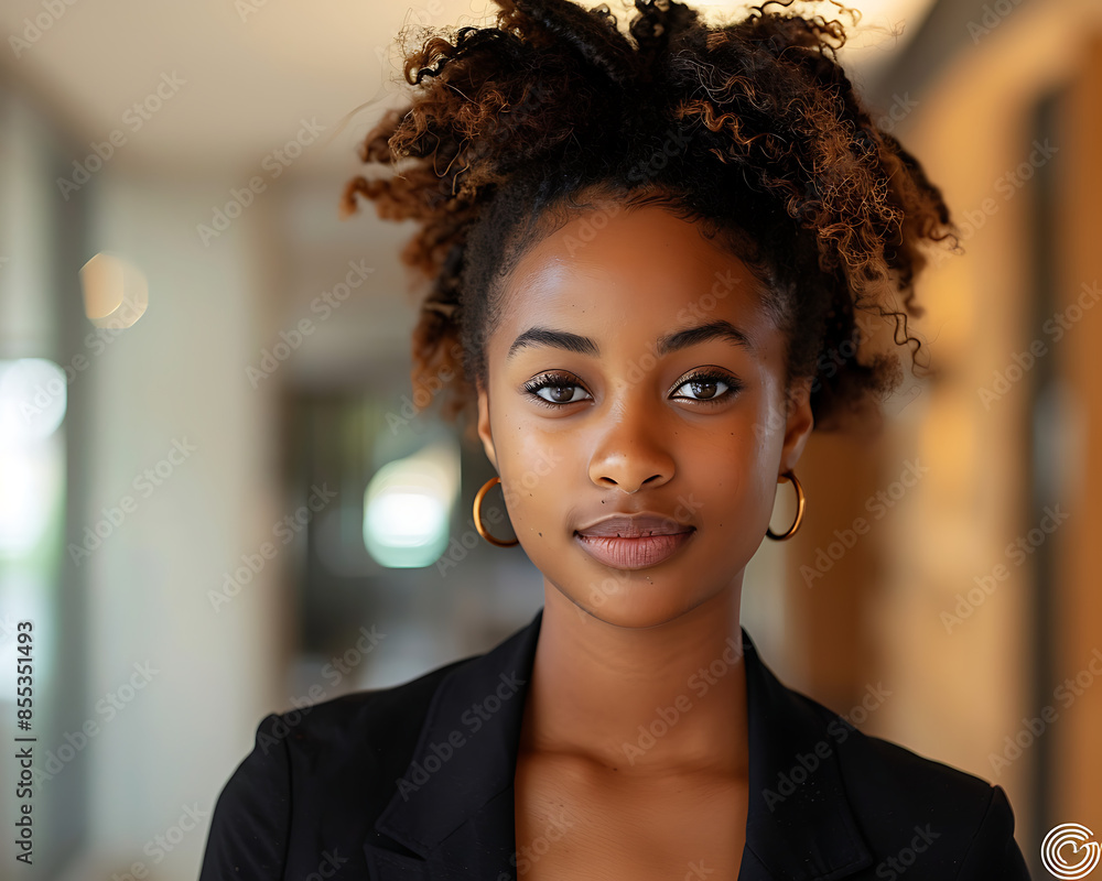 Young Black Businesswoman: Content and Professional in Modern Office Hallway Young Black Businesswoman: Content and Professional in Modern Office Hallway