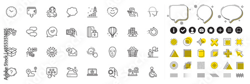 Set of Online shopping, Talk bubble and Development plan line icons for web app. Design elements, Social media icons. Coal trolley, Face scanning, Open box icons. Vector