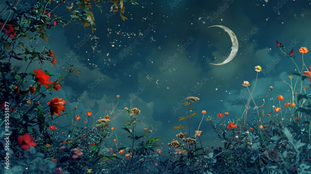 Naklejka premium Mystical Night Garden with Flowers and Moon