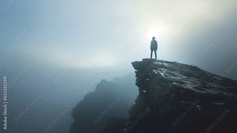 Contemplative Traveler Silhouette against Misty Mountainscape Contemplative Traveler Silhouette against Misty Mountainscape