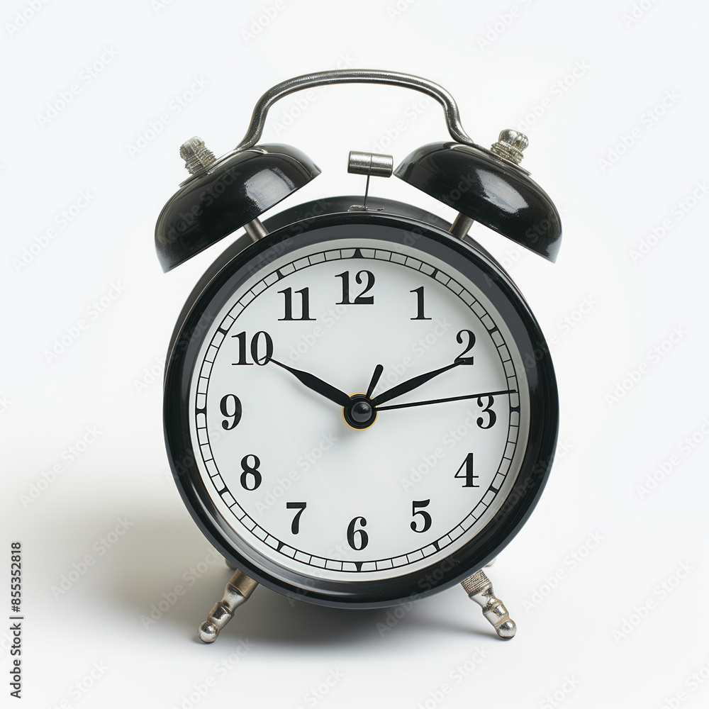 A close-up shot of a classic black and white alarm clock with a timeless design, showing the time on an analog dial. A close-up shot of a classic black and white alarm clock with a timeless design, showing the time on an analog dial.