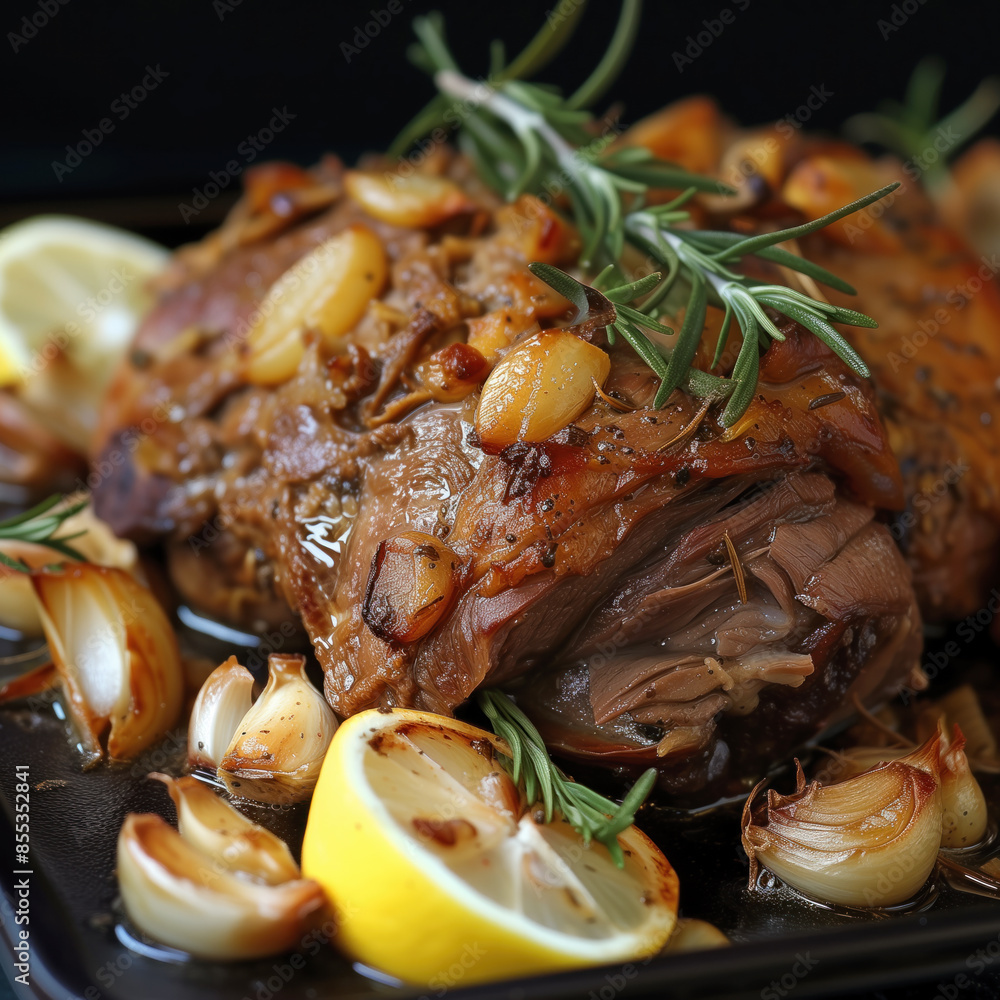 A succulent lamb roast adorned with a crust of fresh herbs, garlic, and spices, complemented by slices of vibrant lemon for a zesty finish A succulent lamb roast adorned with a crust of fresh herbs, garlic, and spices, complemented by slices of vibrant lemon for a zesty finish
