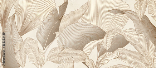 Abstract botanical art background with tropical leaves in line style in brown and beige colors. Luxury banner with exotic plants for decoration, print, wallpaper, textile, packaging.