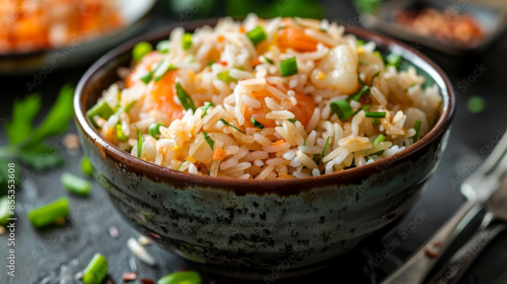 Close-up of a bowl filled with delicious fried rice mixed with vegetables, garnished with fresh herbs. Close-up of a bowl filled with delicious fried rice mixed with vegetables, garnished with fresh herbs.