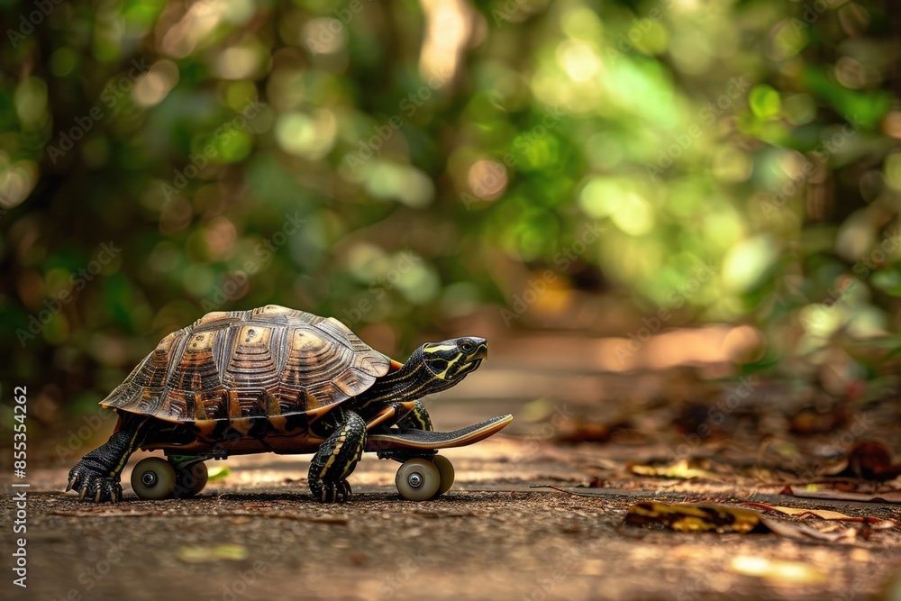 Playful Turtle Riding on Skateboard, Forest Path Adventure Playful Turtle Riding on Skateboard, Forest Path Adventure