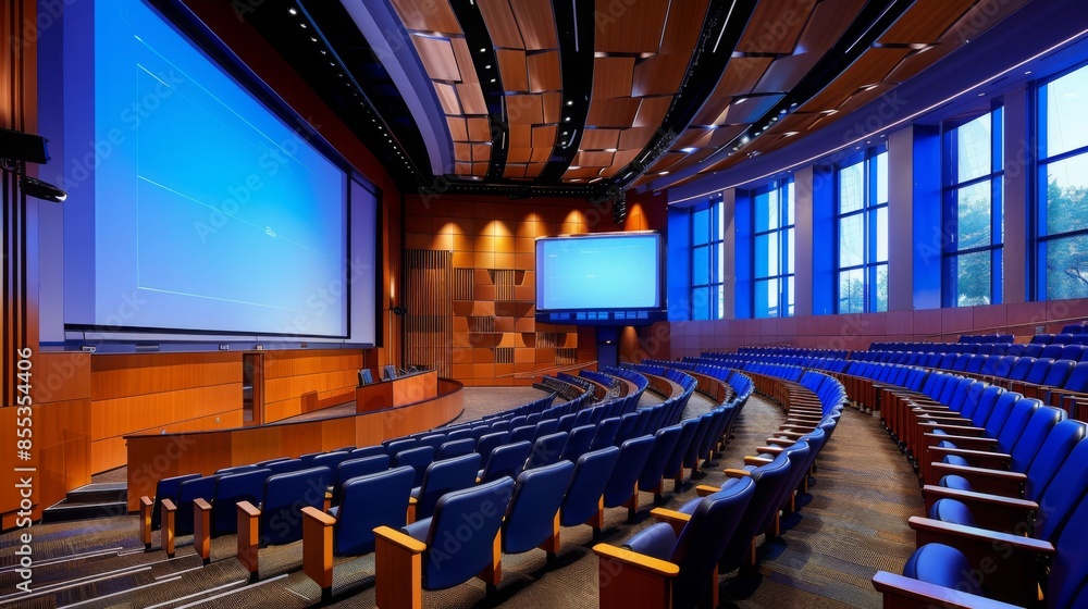Obraz premium An empty auditorium with blue seats and two large screens at the front. The room features a wooden ceiling and large windows.