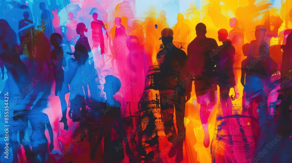 Vibrant City Scene: Colorful Art Print with People, Abstract Style. Vibrant City Scene: Colorful Art Print with People, Abstract Style.