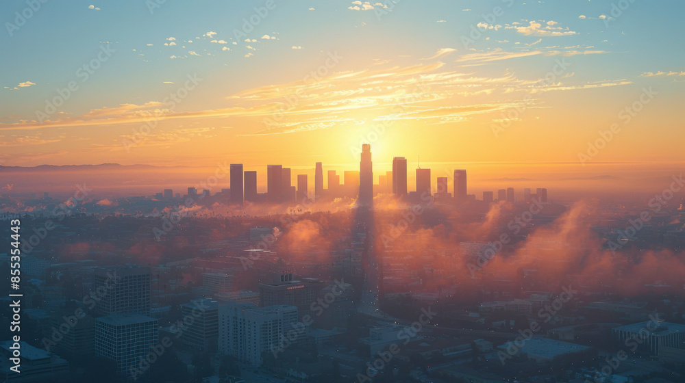 Dramatic sunrise over a misty cityscape, with tall buildings silhouetted against a colorful sky. Dramatic sunrise over a misty cityscape, with tall buildings silhouetted against a colorful sky.