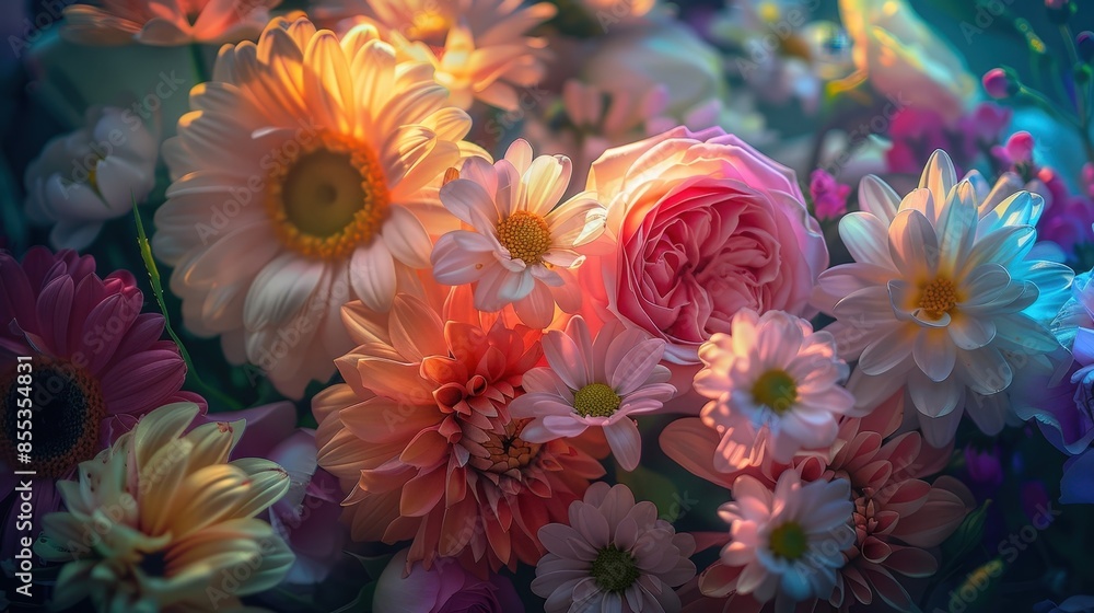 Colorful Flower Bouquet with Soft Light, Abstract Art Style, Vivid Colors, Perfect for Printing on Greeting Cards or as Wall Art. Colorful Flower Bouquet with Soft Light, Abstract Art Style, Vivid Colors, Perfect for Printing on Greeting Cards or as Wall Art.