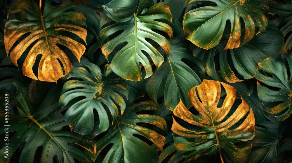 Vibrant Tropical Leaf Pattern with Glittering Gold Effects Vibrant Tropical Leaf Pattern with Glittering Gold Effects