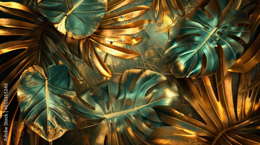 Vibrant Tropical Leaves with Gold Foil Texture Background Vibrant Tropical Leaves with Gold Foil Texture Background