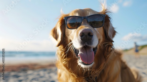 Dog with sunglasses smiling 