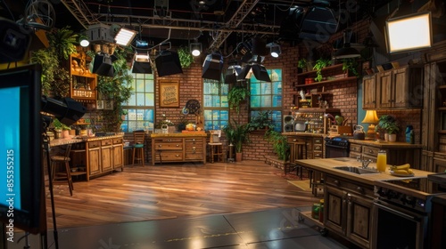 A television studio kitchen set with wooden cabinets, a brick wall, and large windows. There are various props and decorations, including plants, lighting equipment, and a television screen. photo