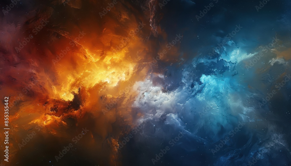 Vibrant Space Art: Beautiful Nebula with Striking Contrasts in Deep Blue and Orange Vibrant Space Art: Beautiful Nebula with Striking Contrasts in Deep Blue and Orange