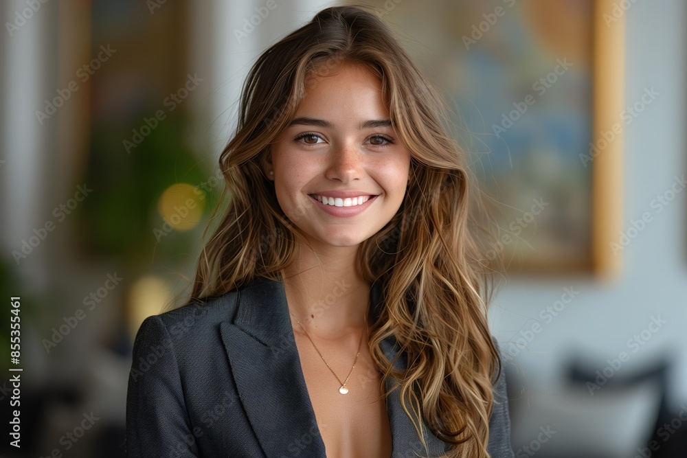 Smiling Woman With Long Brown Hair Wearing a Blue Blazer Smiling Woman With Long Brown Hair Wearing a Blue Blazer