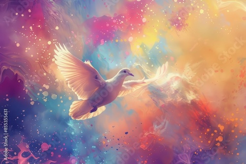 ethereal dove flying through splashes of watercolor symbol of the holy spirit digital illustration