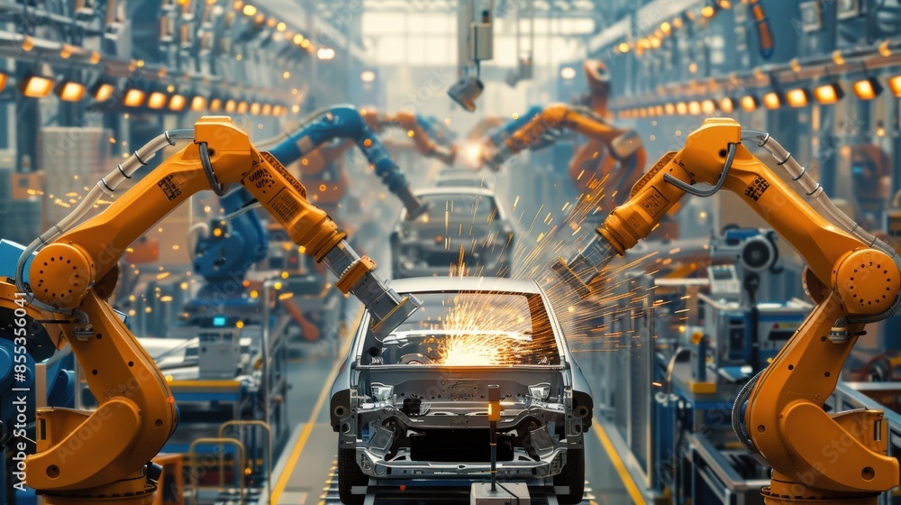 A car is being built in a factory with robots. Scene is industrial and mechanical A car is being built in a factory with robots. Scene is industrial and mechanical