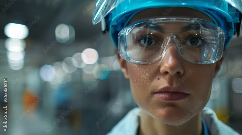 Close-up portrait of a female engineer wearing safety glasses and a hard hat, highlighting focus and determination in an industrial setting. Close-up portrait of a female engineer wearing safety glasses and a hard hat, highlighting focus and determination in an industrial setting.