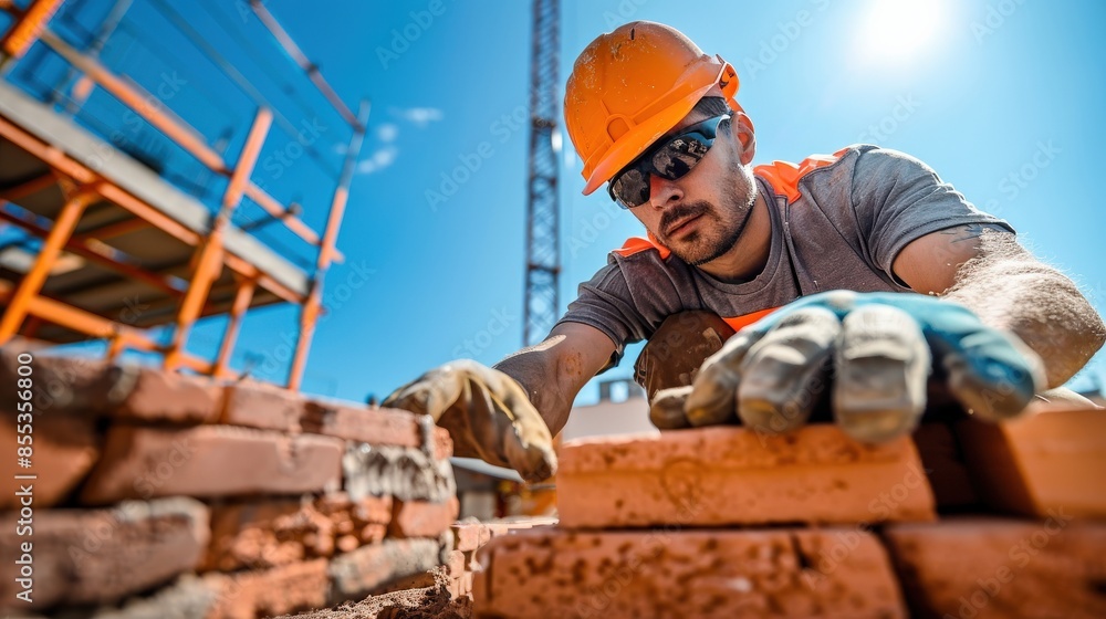 A construction worker is laying bricks on a construction site. The worker is wearing a hard hat and orange safety vest. Concept of hard work and dedication to the construction project A construction worker is laying bricks on a construction site. The worker is wearing a hard hat and orange safety vest. Concept of hard work and dedication to the construction project