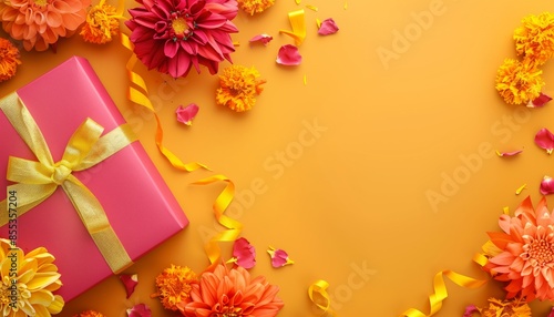 flat lay Diwali gift box decorated with bright colored paper and clay Diyas