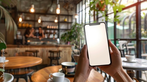 Mockup, woman's hands holding mobile phone with blank screen in coffee shop