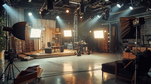 A film studio set is prepped and ready for filming. The set includes lighting equipment, a camera on a tripod, and a stage with a chair and table. photo