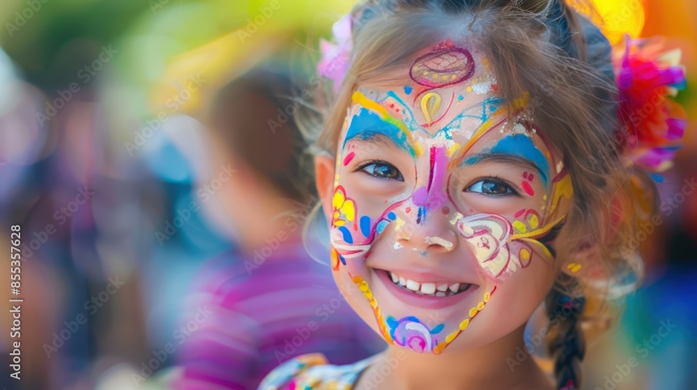 Joyful Child with Colorful Face Paint at Festival Joyful Child with Colorful Face Paint at Festival
