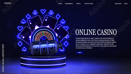 A web banner with roulette, slot machine, poker cards with a frame of suits on a neon podium on a blue background. Casino concept.