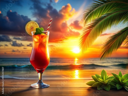 A tropical cocktail with a cherry and lime garnish on a wooden table with a beautiful sunset beach. Perfect for travel advertisements, summer party invitations, or tropical-themed social media posts.