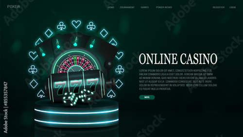 A web banner with dice and poker cards with roulette and a slot machine on a podium with bright neon lines on a green background. The concept of an online casino.