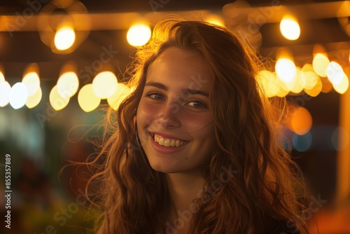 Smiling Woman Under String Lights at Night