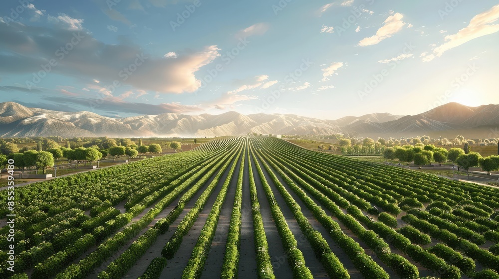 A field of green grapes with a sun shining on it A field of green grapes with a sun shining on it