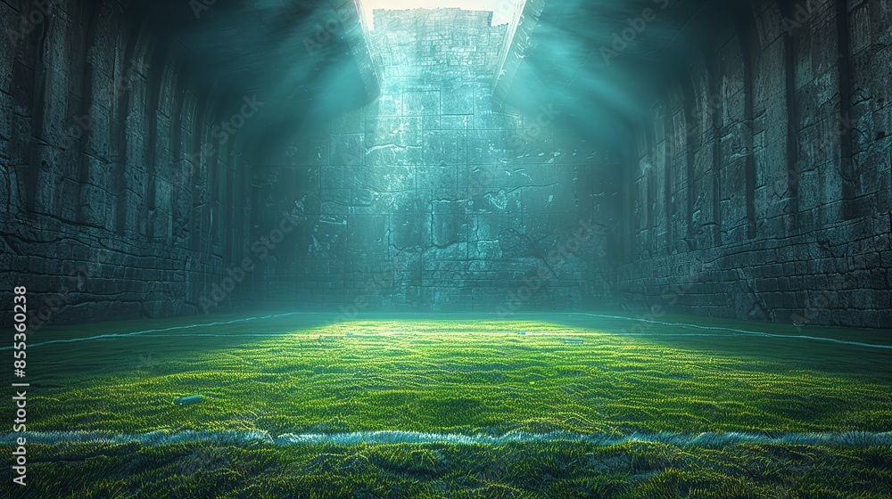 A digital painting depicting a path through a forest of towering, moss-covered stone pillars illuminated by a bright light