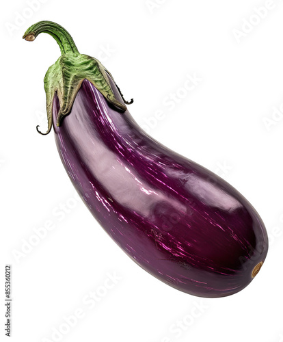 Photos A large purple eggplant with a smooth, glossy surface and green calyx, isolated on a white background