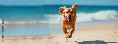 A dog is running on the beach, enjoying the warm sand and the cool water