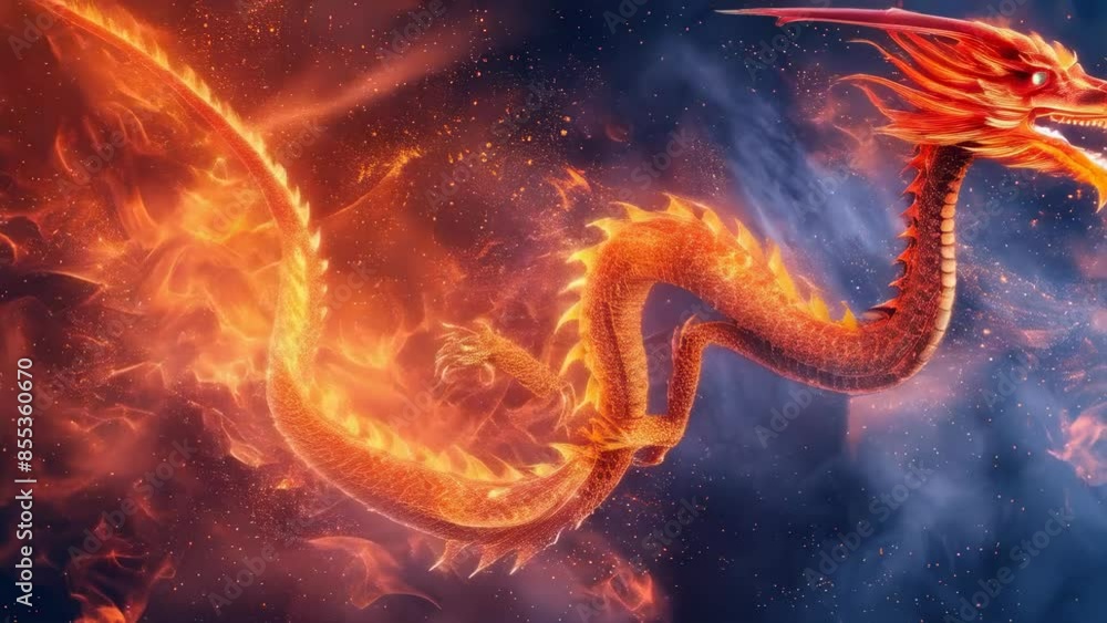 An animated Chinese dragon, ablaze with fire, breathes flames against a starry night sky. The dragon's fiery body twists dynamically, illuminating the dark with its intense light. An animated Chinese dragon, ablaze with fire, breathes flames against a starry night sky. The dragon's fiery body twists dynamically, illuminating the dark with its intense light.