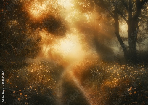 Serene Sunrise through a Misty Forest Path photo