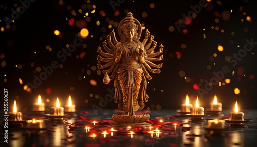 The statue of Goddess Durga stands majestically, surrounded by lights and candles photo