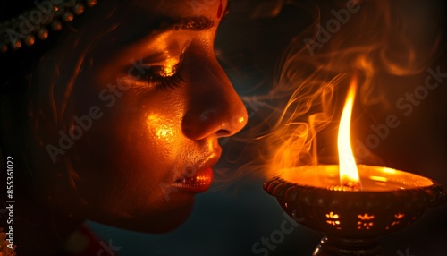 Close Up of a burning diya (oil lamp) illuminating the face of a praying person