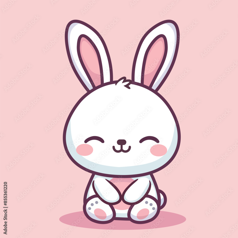 Delightful kawaii bunny with a wide smile, large ears, and blushing cheeks. The bunny is illustrated in a cute, playful cartoon style on a soft pink background. Delightful kawaii bunny with a wide smile, large ears, and blushing cheeks. The bunny is illustrated in a cute, playful cartoon style on a soft pink background.