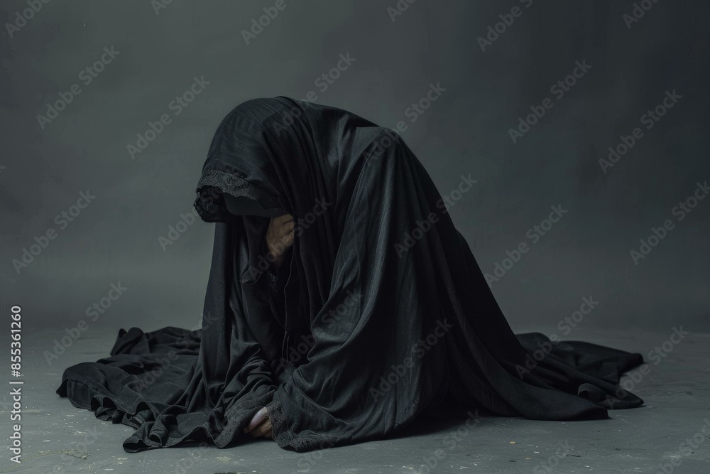 Mysterious figure shrouded in dark fabric, moody lighting; perfect for dramatic ads, social media themes. Trendy, deep tones highlight style. Mysterious figure shrouded in dark fabric, moody lighting; perfect for dramatic ads, social media themes. Trendy, deep tones highlight style.
