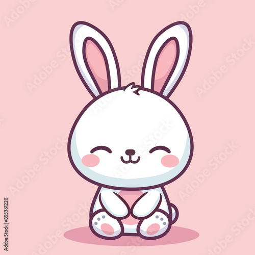 Delightful kawaii bunny with a wide smile, large ears, and blushing cheeks. The bunny is illustrated in a cute, playful cartoon style on a soft pink background.