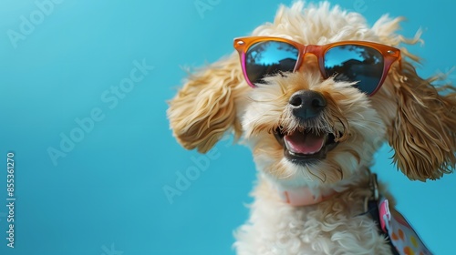 Happy smile Puppy dog wear sunglasses with summer season costume isolated on background, pets summer, lovely dog, holiday vacation. © Ziyan